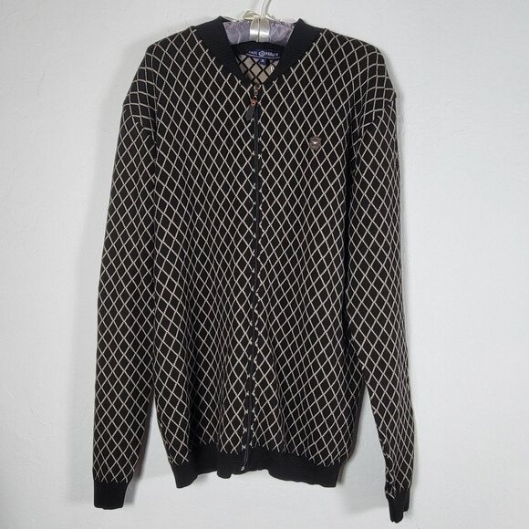 Paul Parker Mens XL Diamond Pattern Cardigan Sweater Black/Beige Full-Zip New